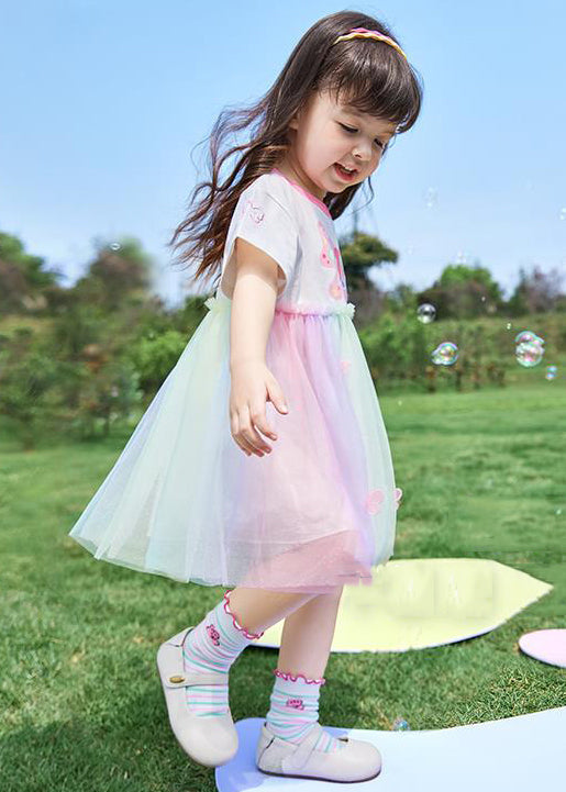 Cute Rainbow Print Tulle Patchwork Cotton Girls Dress Summer EW049