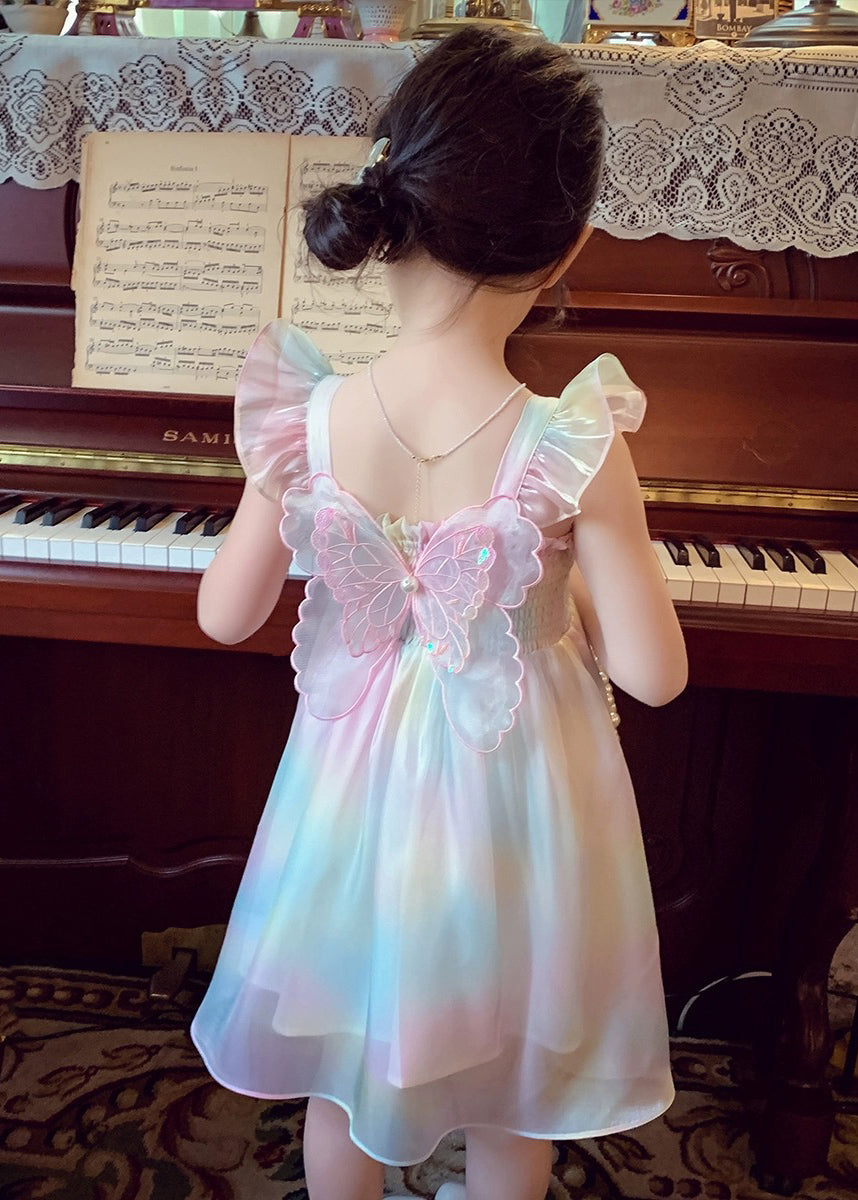 Cute Rainbow Wrinkled Bow Pearl Tulle Girls Maxi Dresses Sleeveless XZ034