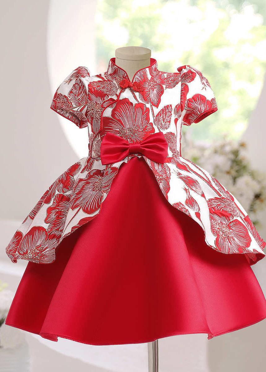 Robe longue rouge à manches courtes et nœud asymétrique pour enfant