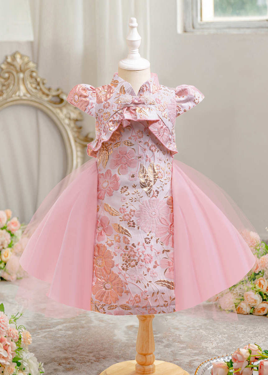 Robe longue rouge à manches courtes et nœud asymétrique pour enfant