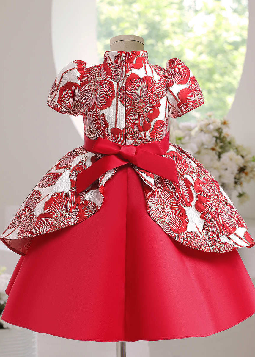 Robe longue rouge à manches courtes et nœud asymétrique pour enfant