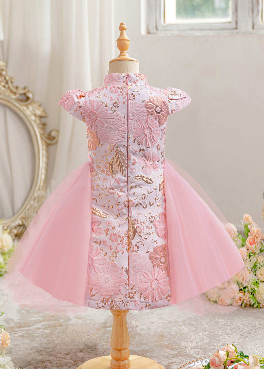 Robe longue rouge à manches courtes et nœud asymétrique pour enfant