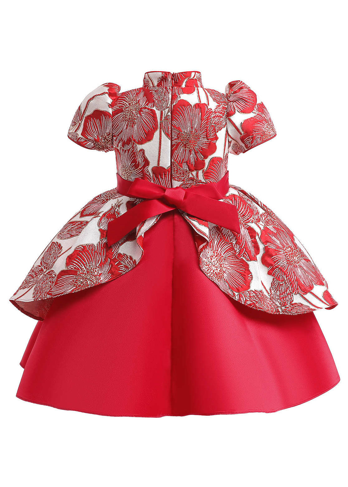 Robe longue rouge à manches courtes et nœud asymétrique pour enfant