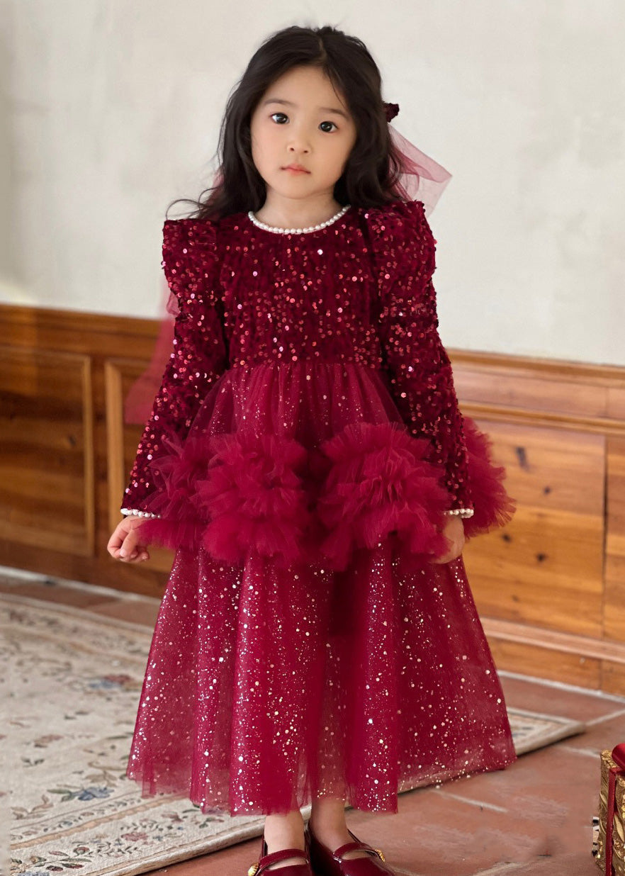 Cute Red O-Neck Sequins Patchwork Nail Bead Tulle Girls Maxi Dresses Fall RP028