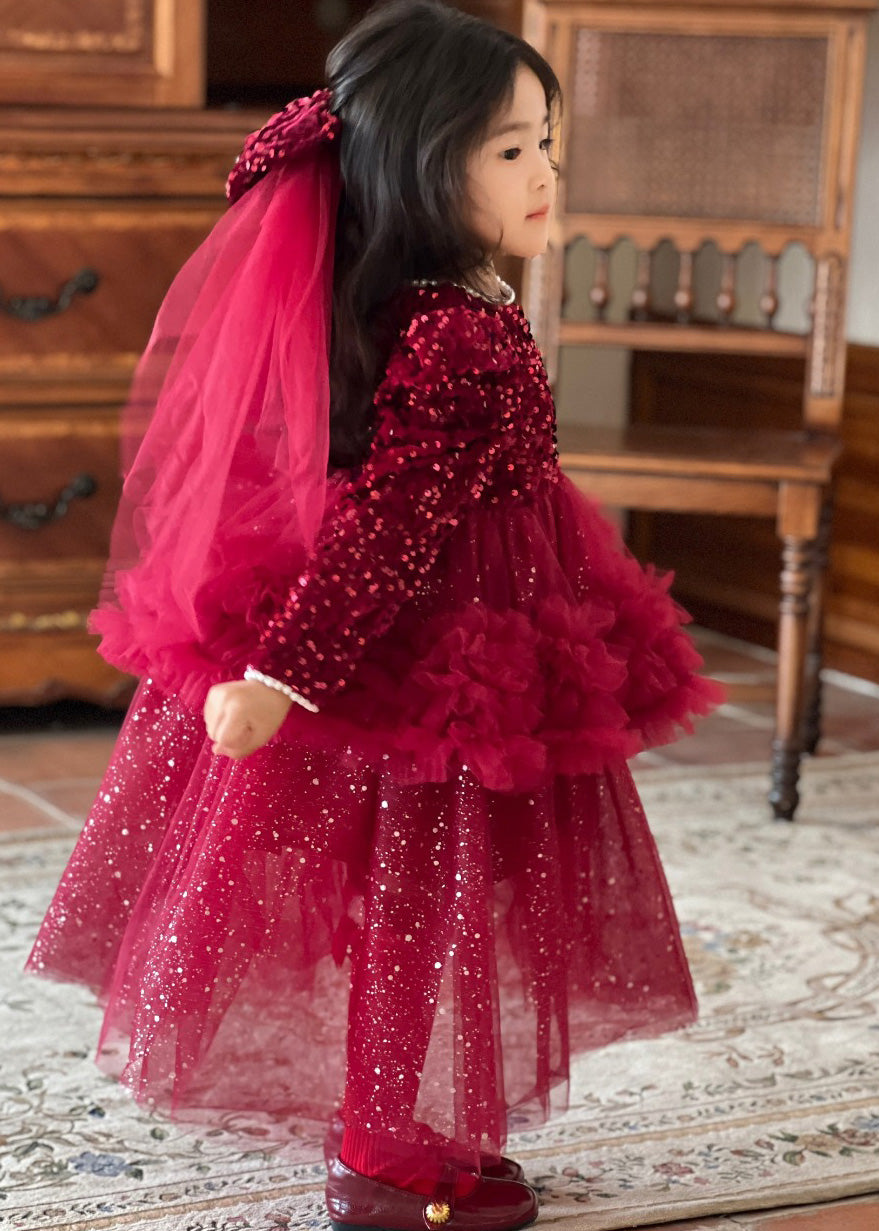 Cute Red O-Neck Sequins Patchwork Nail Bead Tulle Girls Maxi Dresses Fall RP028