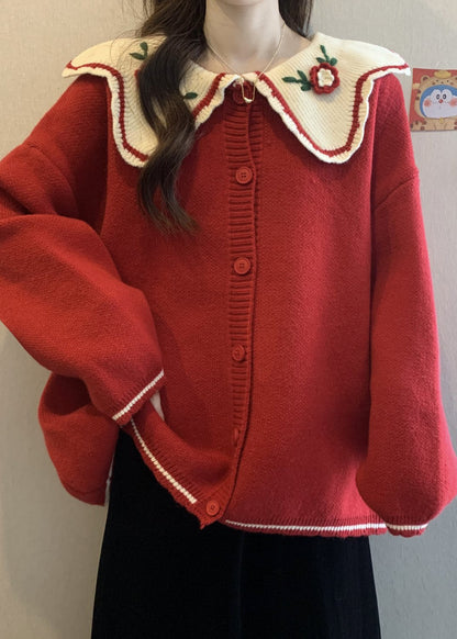 Cute Red Peter Pan Collar Embroidered Knit Loose Cardigans Winter RG024