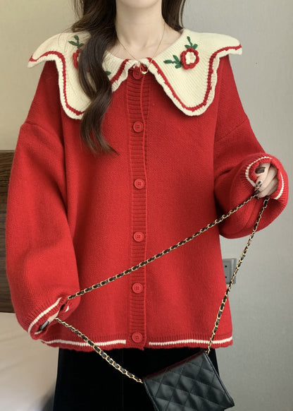 Cute Red Peter Pan Collar Embroidered Knit Loose Cardigans Winter RG024