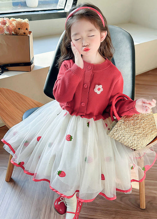 Jolie robe longue en tulle à volants rouge pour fille en tricot patchwork automne XZ050