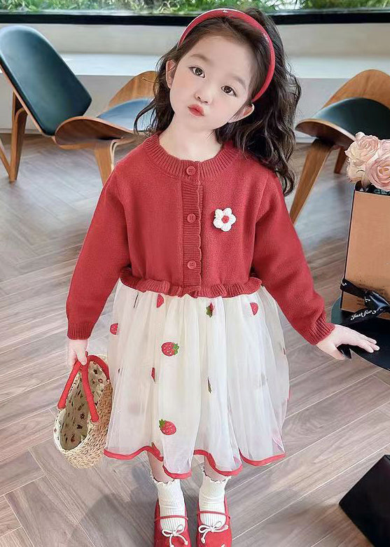 Jolie robe longue en tulle à volants rouge pour fille en tricot patchwork automne XZ050