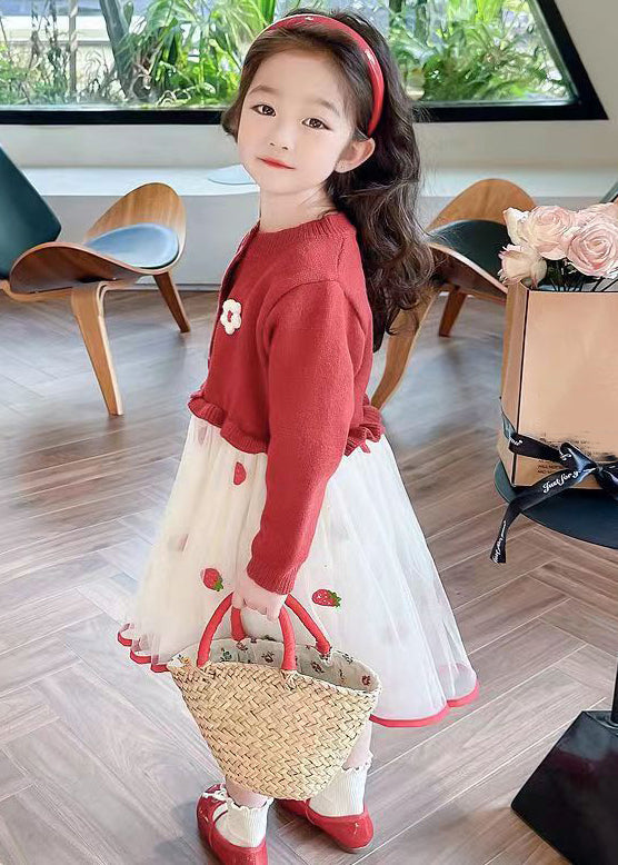 Jolie robe longue en tulle à volants rouge pour fille en tricot patchwork automne XZ050