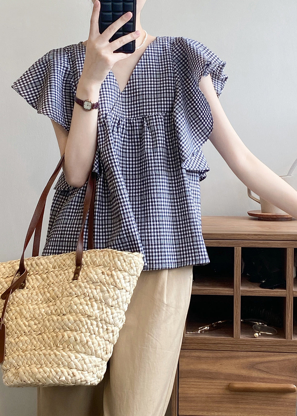 Cute V Neck Plaid Cotton Shirts Top Butterfly Sleeve QB007