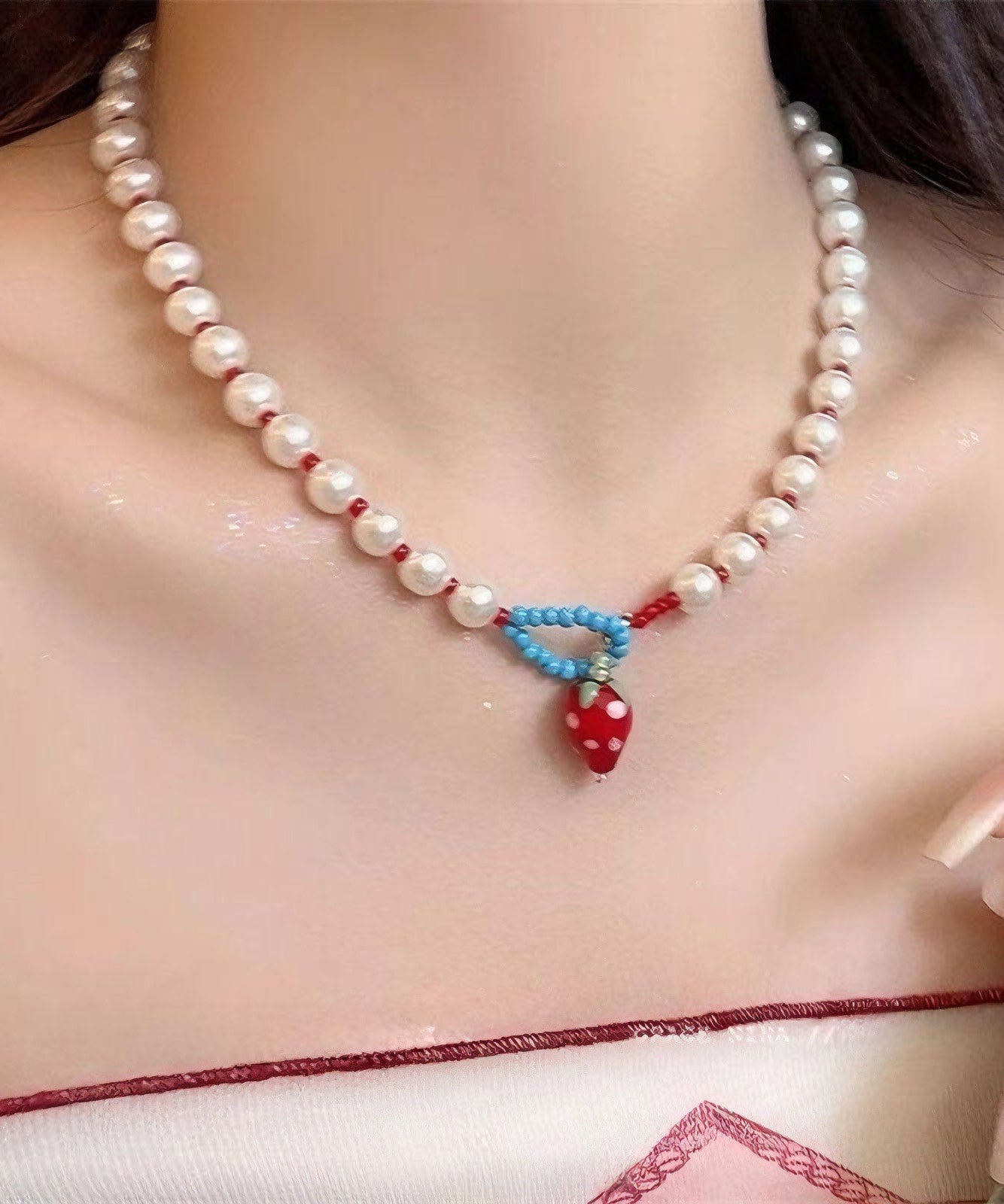 Pearl Cute Alloy Princess Necklace White Strawberries