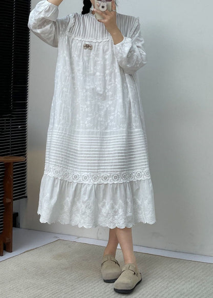 Cute White Embroidered Ruffled Patchwork Wrinkled Cotton Maxi Dress Long Slee BV030