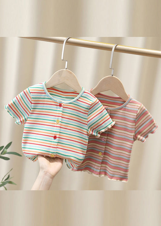 Cute White O-Neck Striped Knit Cotton Girls Top Summer YU1081