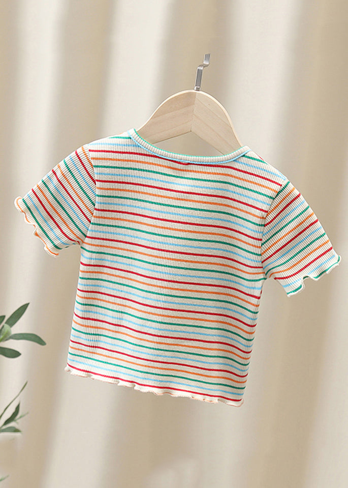 Cute White O-Neck Striped Knit Cotton Girls Top Summer YU1081