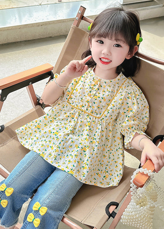 Cute Yellow O-Neck Print Cotton Girls Top Half Sleeve YU1043