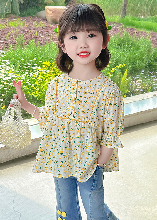 Cute Yellow O-Neck Print Cotton Girls Top Half Sleeve YU1043