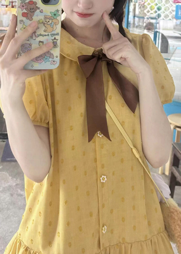 Patchwork Ruffled Mid Cotton Dresses Yellow Cute Summer