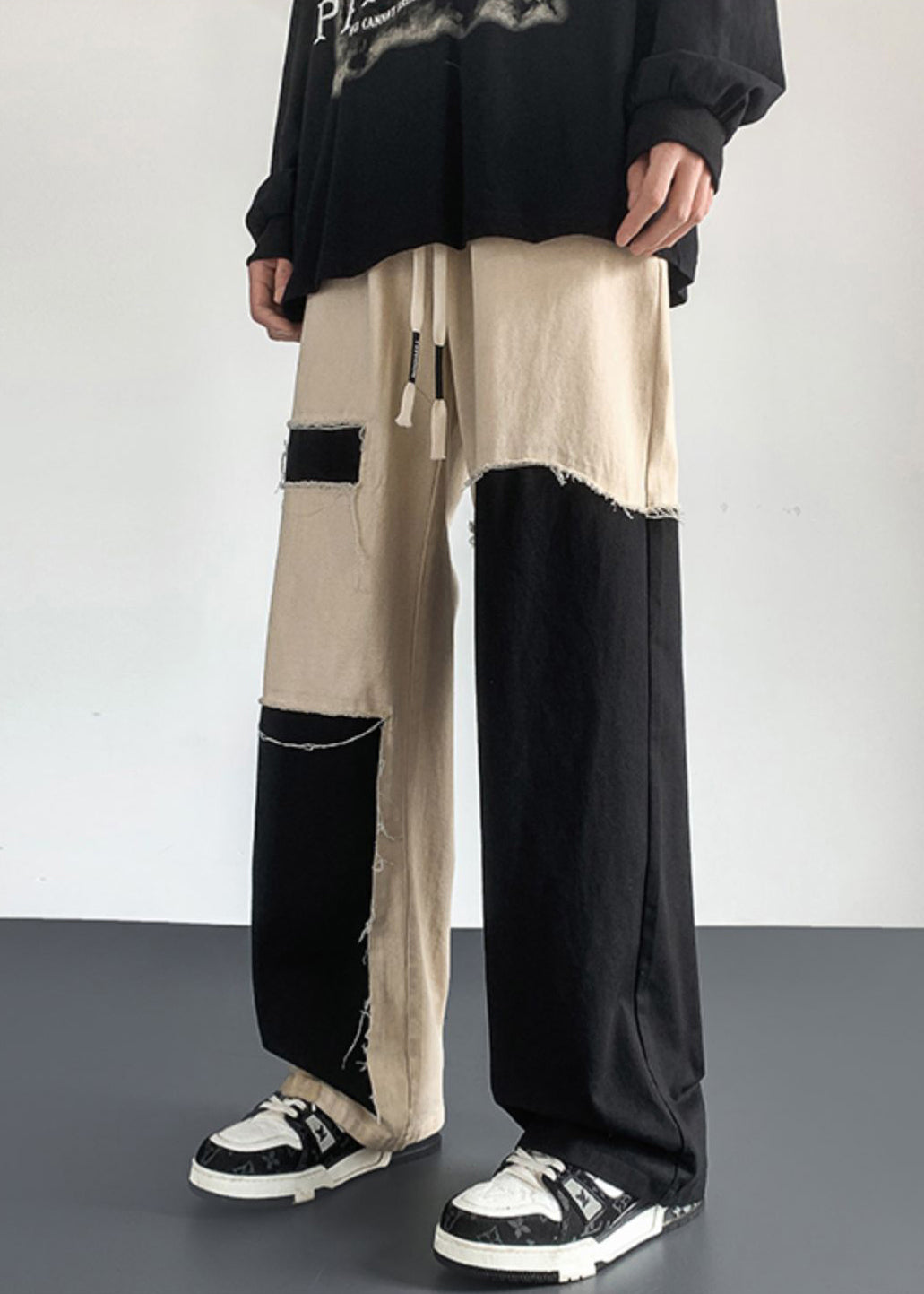 Casual Cotton Patchwork Mens Clothing DIY Pants Asymmetrical