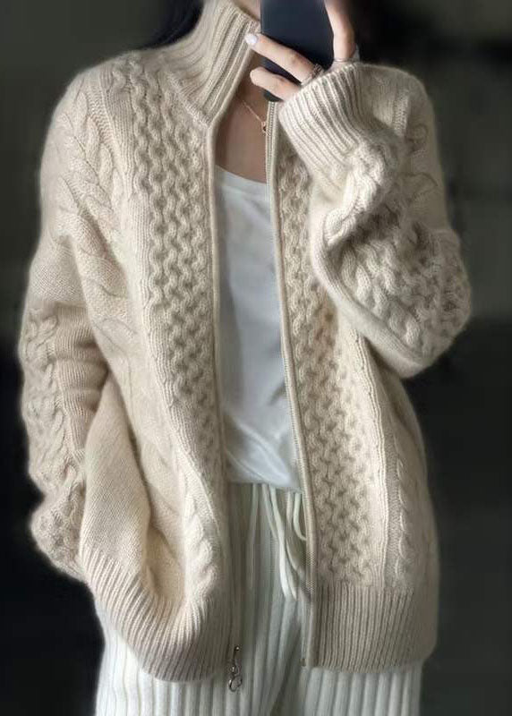 Manteau tricoté en laine beige décontracté avec fermeture éclair DIY OO016