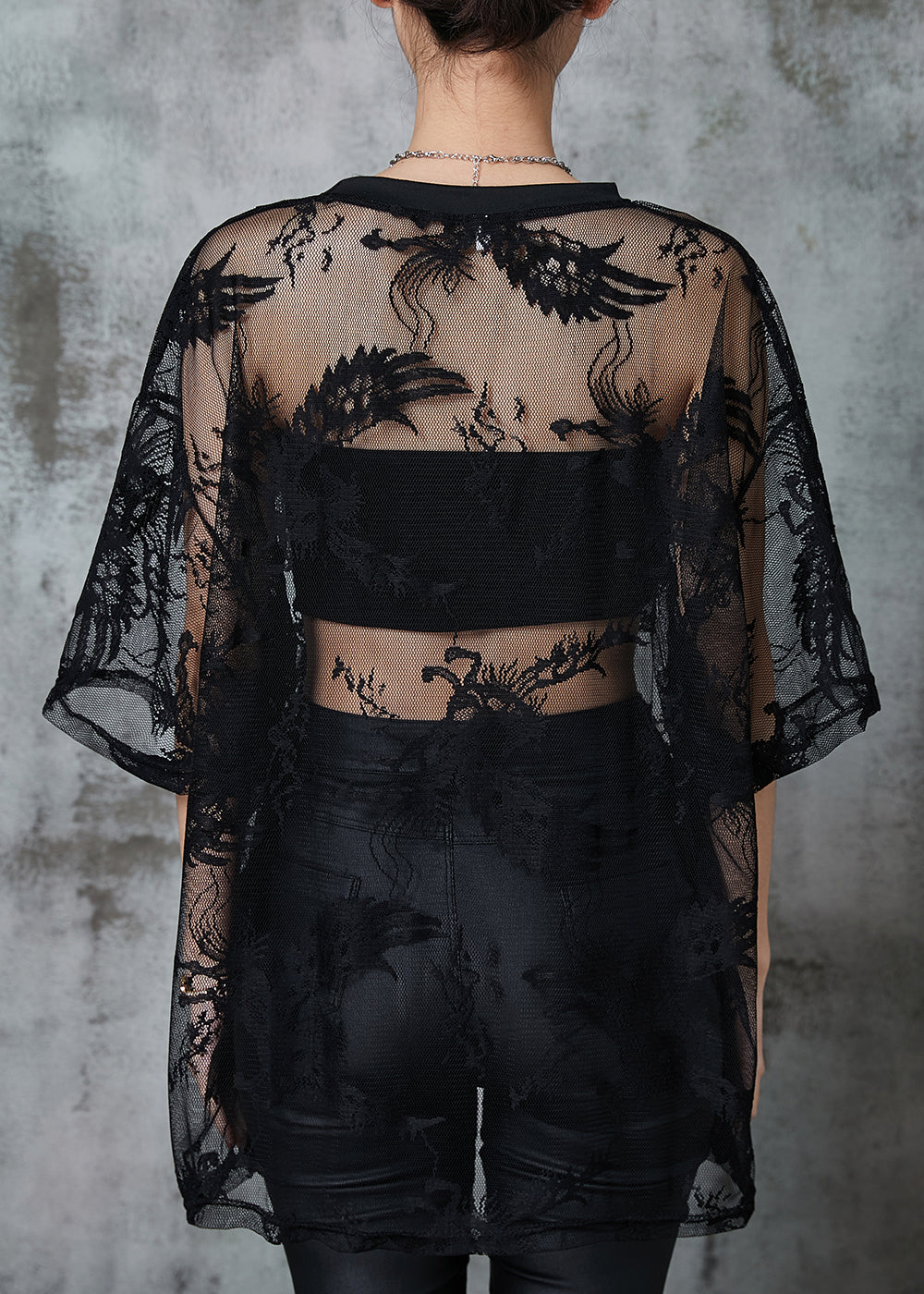 DIY Black Embroidered Tulle Shirt Top Summer AL1019