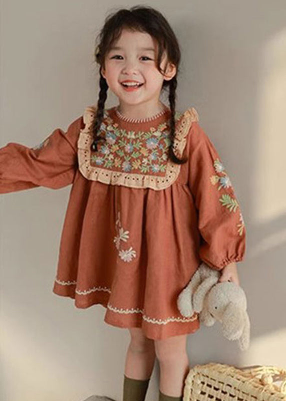 Robe mi-longue brodée rouge brique à faire soi-même pour enfants, automne SS1063