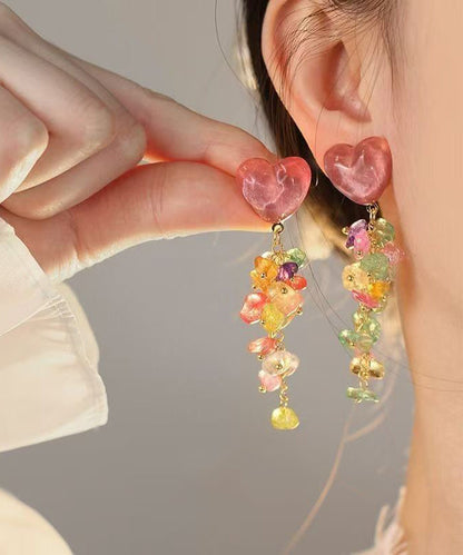 DIY Colorblock Copper Gem Stone Love Tassel Drop Earrings QU016