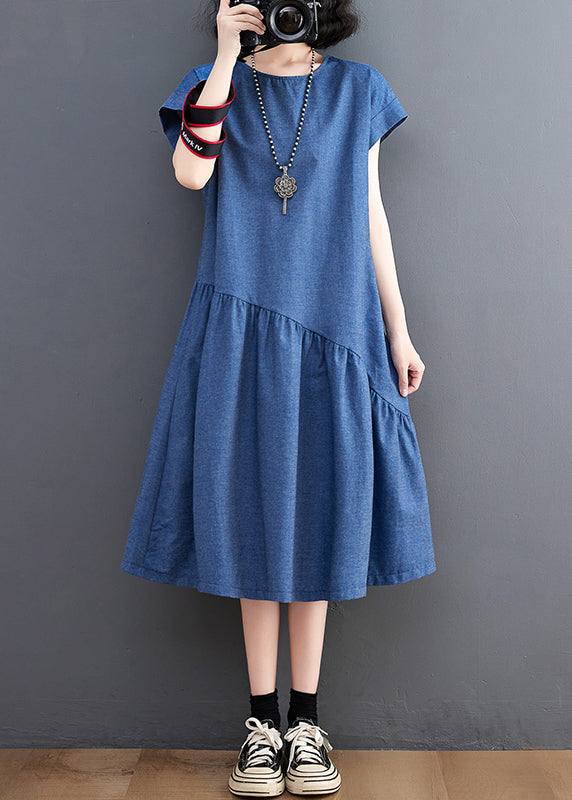 Patchwork Asymmetrical DIY Summer Dress Denim Holiday Navy