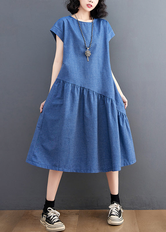 Patchwork Asymmetrical DIY Summer Dress Denim Holiday Navy