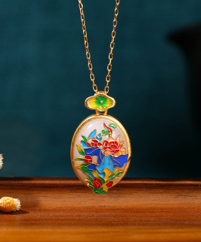 DIY Gold Ancient Gold Jade Enamel Floral Pendant Necklace KX1081