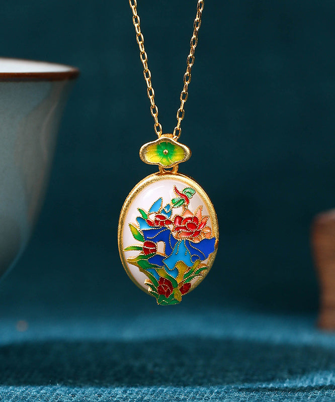 DIY Gold Ancient Gold Jade Enamel Floral Pendant Necklace KX1081