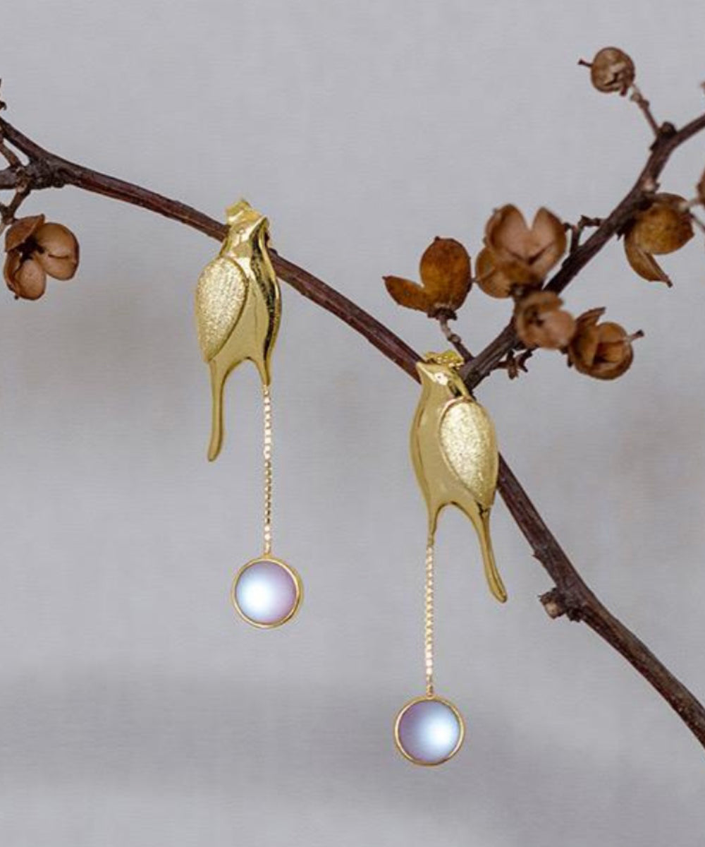 Boucles d'oreilles pendantes en forme de petit oiseau avec surdorure colorée en argent sterling et or QQ024