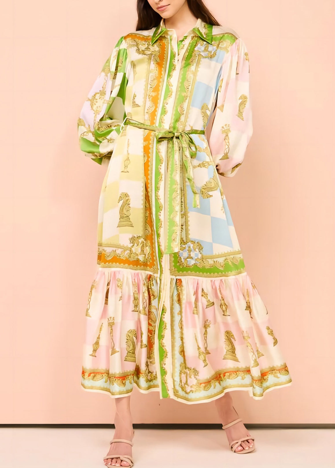 Tie Button DIY Maxi Green Dress Lantern Collar Peter Pan Waist