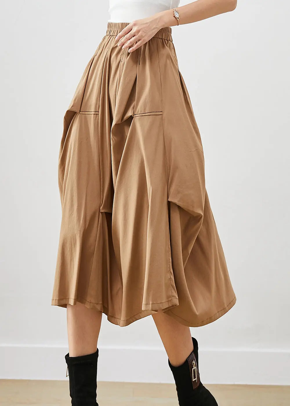 DIY Khaki Asymmetrical Oversized Cotton Skirt Fall Ada Fashion