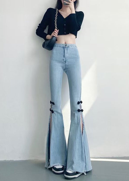 Bas évasé en jean bleu clair avec boutons chinois ouverts sur le côté, printemps YF019
