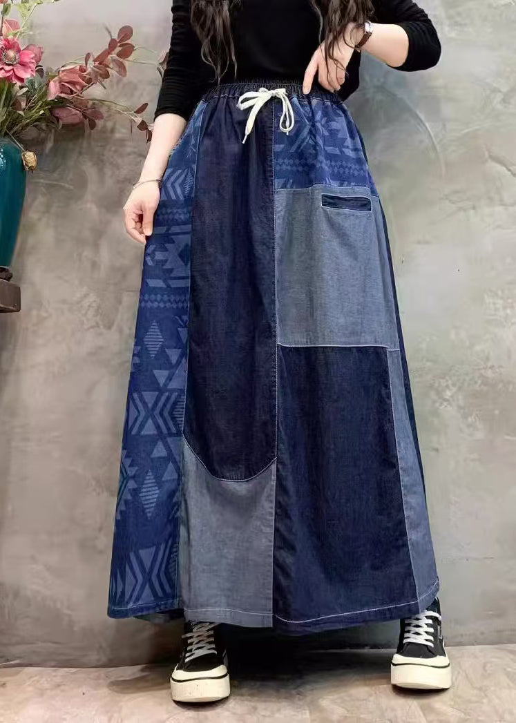 Jupe d'été en jean patchwork asymétrique bleu marine