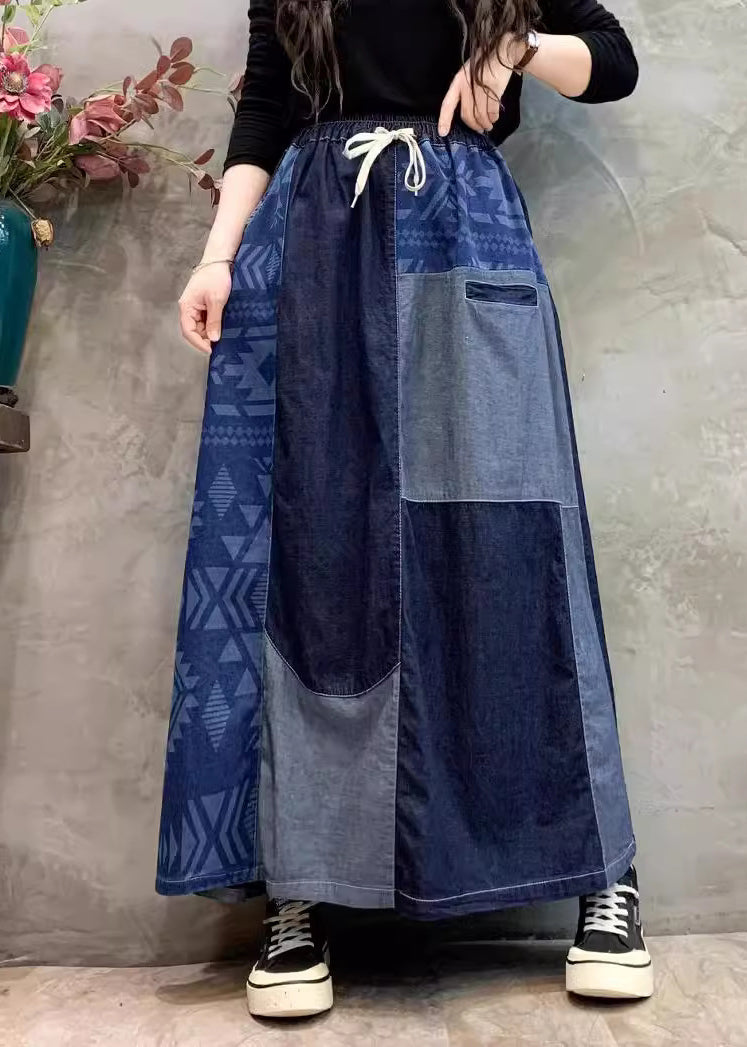 Jupe d'été en jean patchwork asymétrique bleu marine