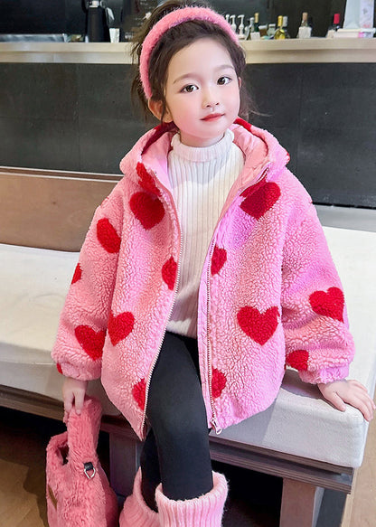 DIY Pink Love Print Faux Fur Girls Hooded Parka Winter WL018