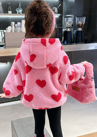 DIY Pink Love Print Faux Fur Girls Hooded Parka Winter WL018