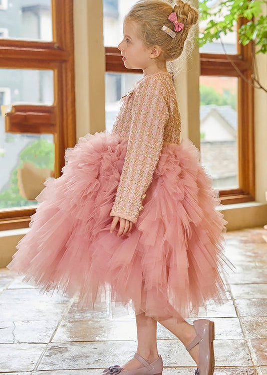 DIY Pink O-Neck Tulle Kids Long Dress Winter RP048