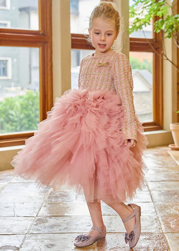 DIY Pink O-Neck Tulle Kids Long Dress Winter RP048