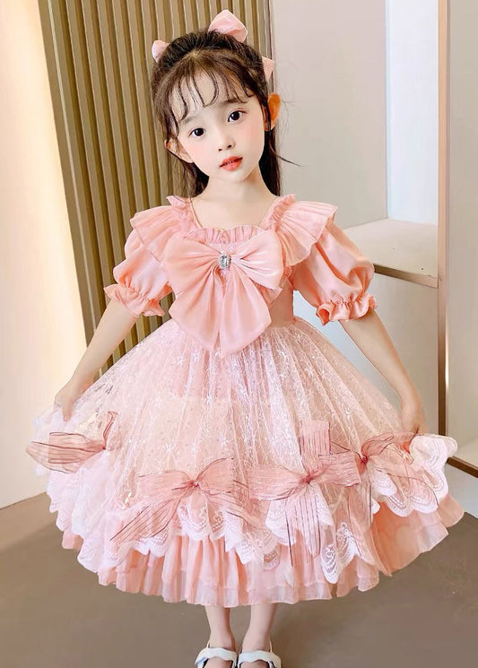 DIY Rose Col Carré Nœud Patchwork Tulle Enfants Vacances Longues Robes Été XZ005