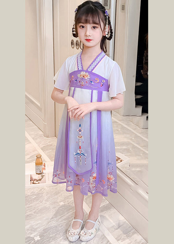 DIY Purple Embroidered Tassel Tulle Girls Long Dresses Summer GF010