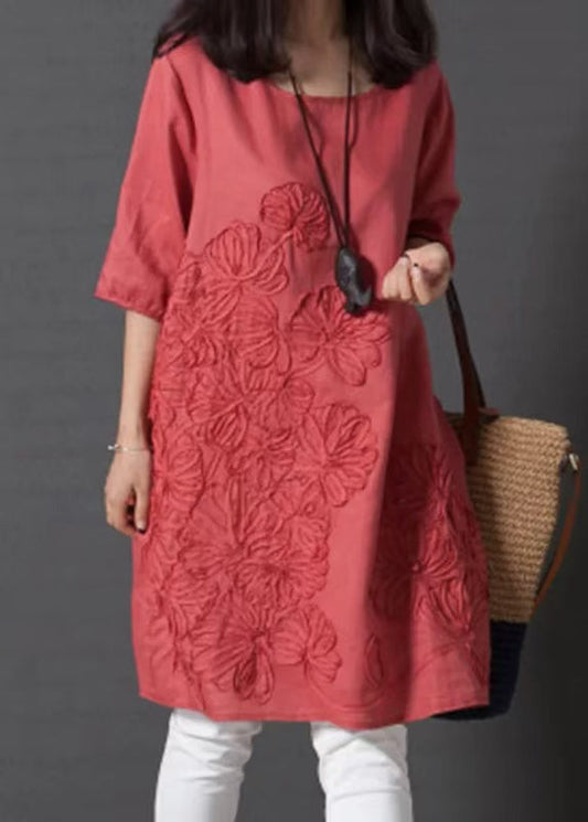 Robe demi-journée à manches brodées en lin rouge