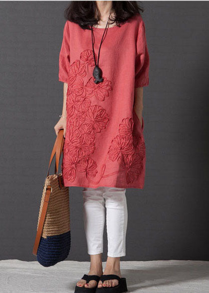 Embroidered Dress Red Half Linen Sleeve Day DIY