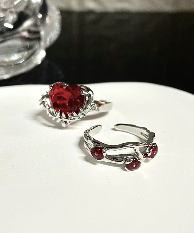DIY Red Stainless Steel Zircon Rose And Love Rings Two piece Set GH1071