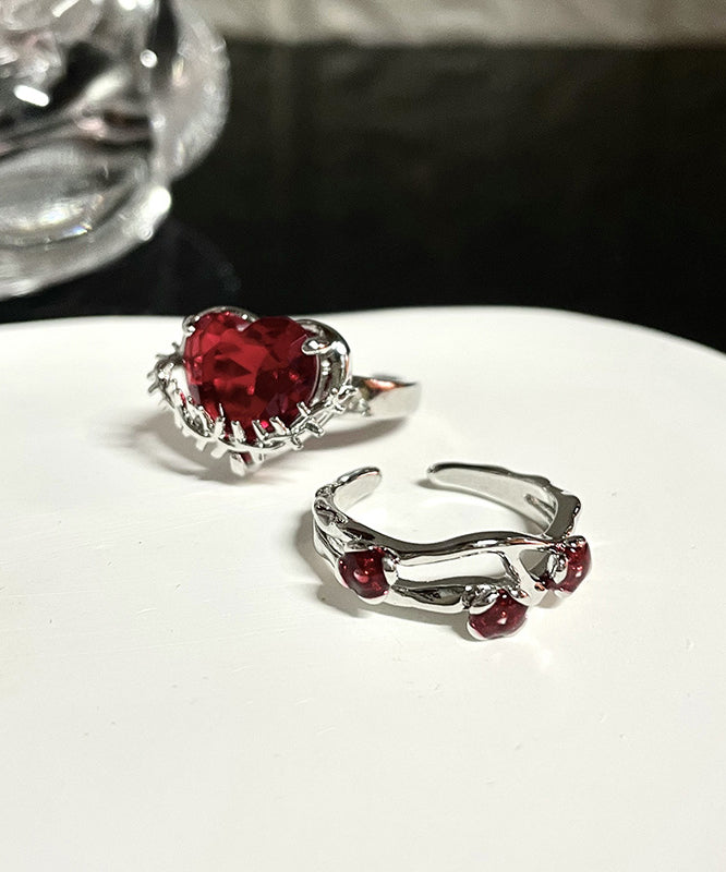 Ensemble de deux bagues en acier inoxydable rouge avec zircon rose et amour FA317