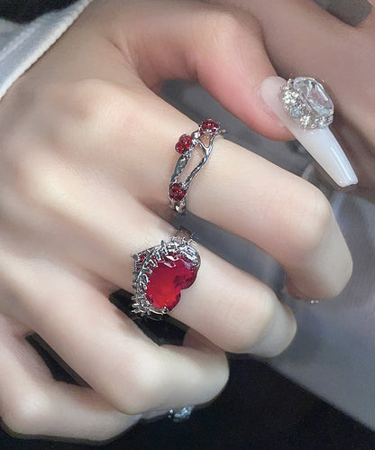 DIY Red Stainless Steel Zircon Rose And Love Rings Two piece Set FA317