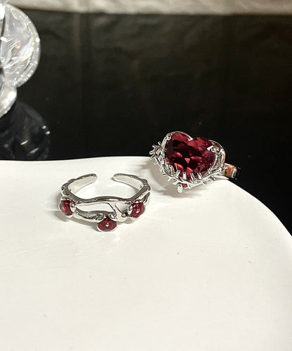 DIY Red Stainless Steel Zircon Rose And Love Rings Two piece Set FA317