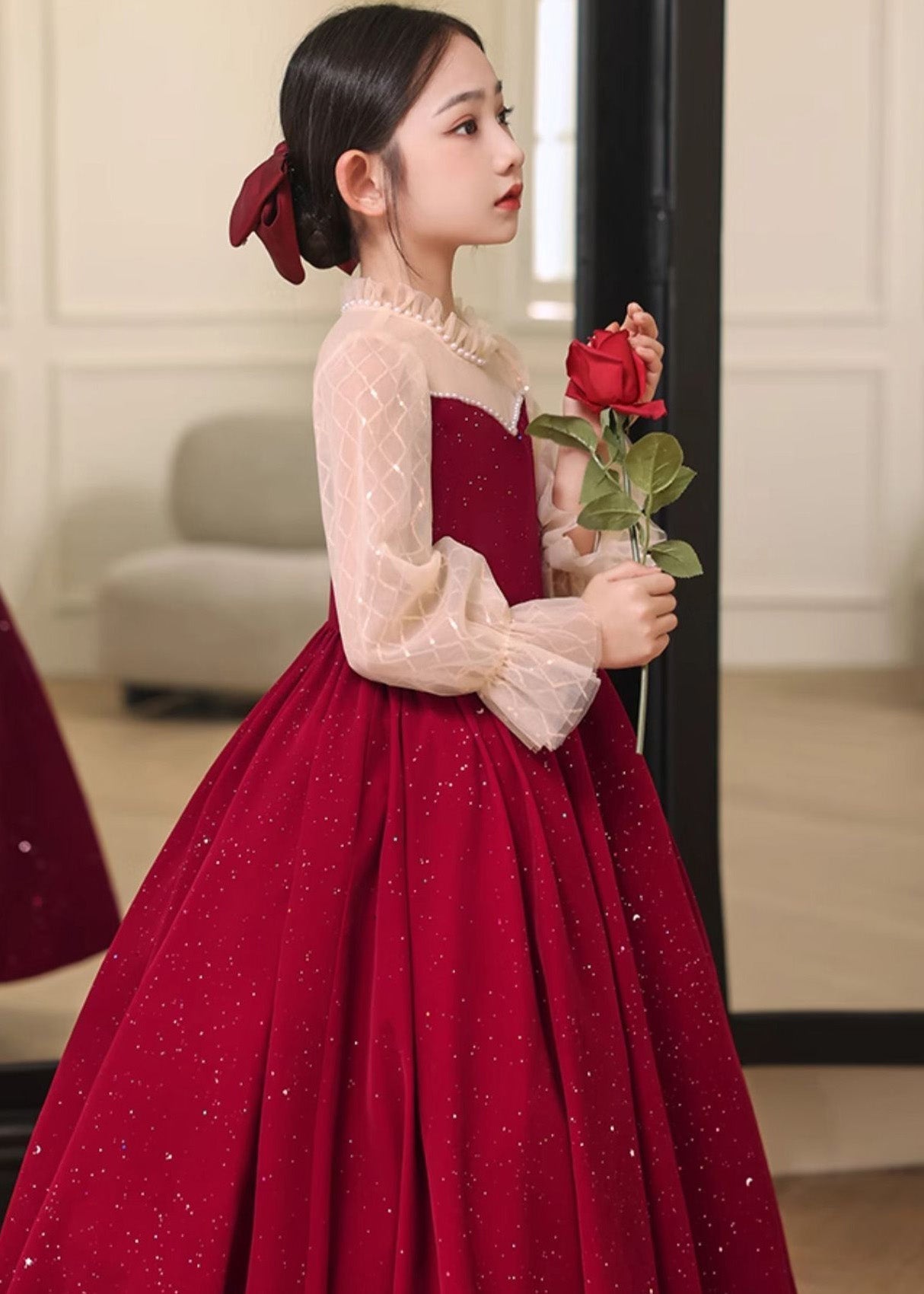 DIY Red Stand Collar Patchwork Wrinkled Tulle Girls Long Dress Fall RP030